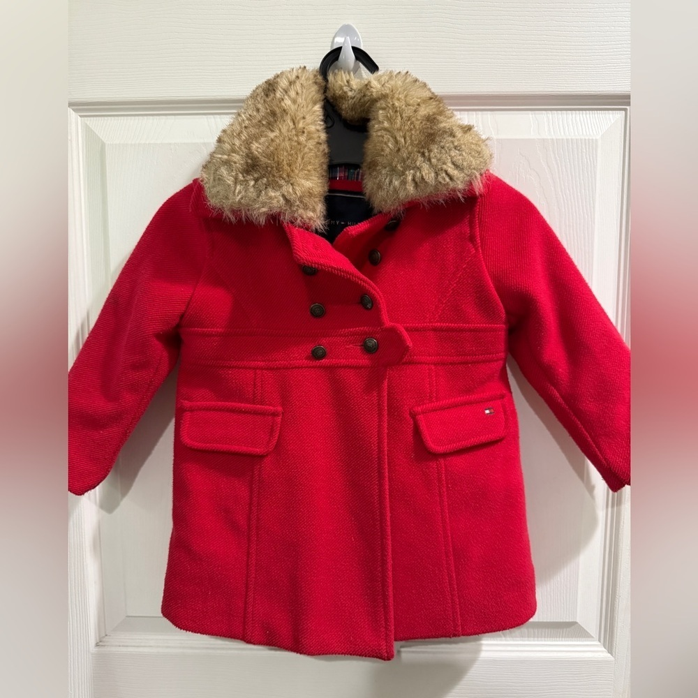 Tommy Hilfiger Red Kids Pea Coat Faux Fur Collar Plaid Lined Size 3T Valentines